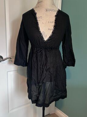 Vintage Converse black sheer mini babydoll dress with tie waist and pockets S